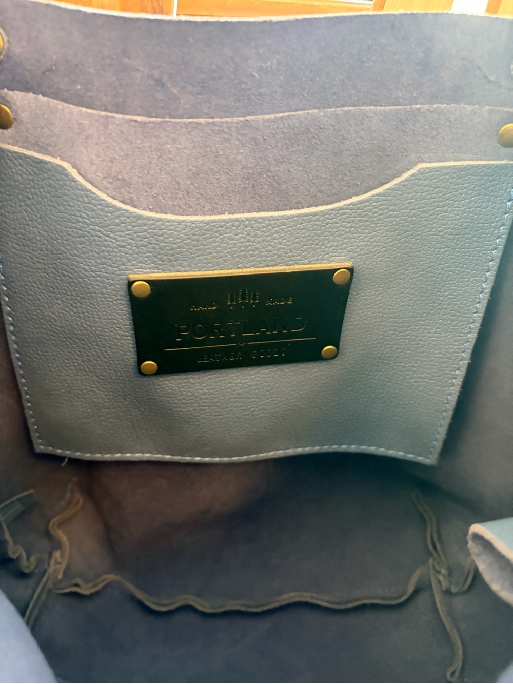 Portland Leather Light Blue Tote with Black Logo Plate - Picture 3 of 7